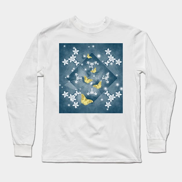 Gold butterflies and white flowers Long Sleeve T-Shirt by hereswendy